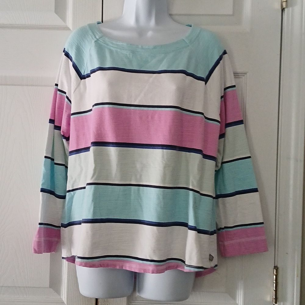 T by Talbots wide striped SPF 50 long sleeve top purple white baby blue Sz XLP